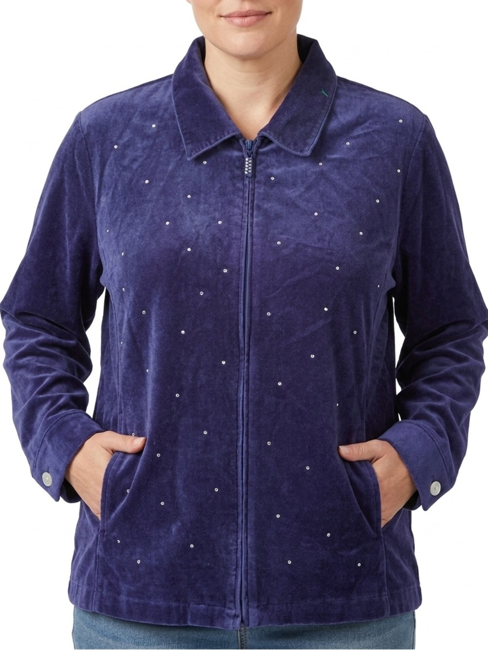 Vintage Quacker Factory Womens Velvet Rhinestone Zip Up Jacket Size 1X Blue 90s